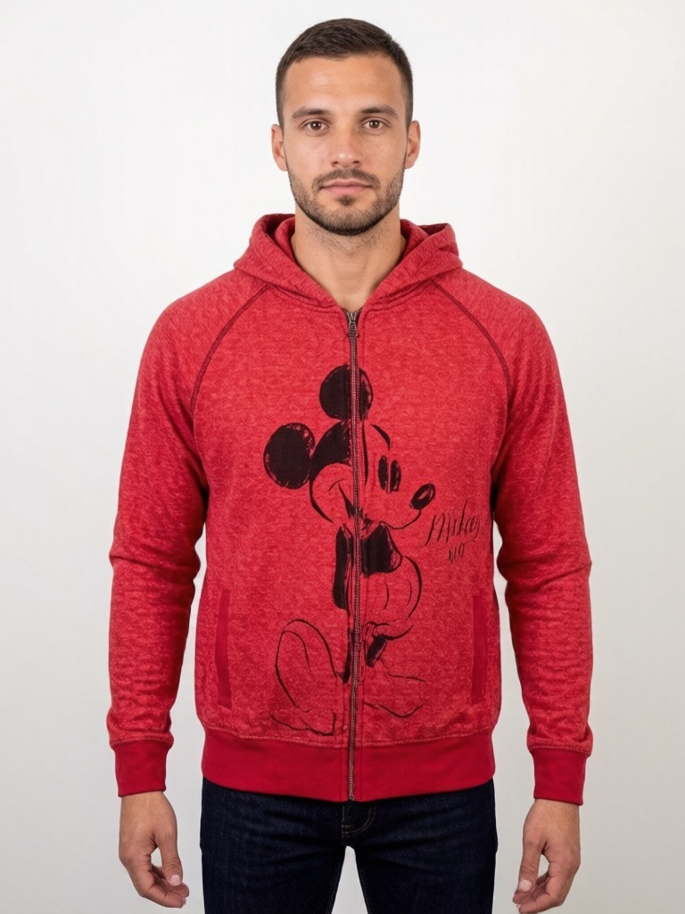 Disney Mickey Mouse Zip Hoodie Red Men’s Large Full Zip Graphic Sweatshirt